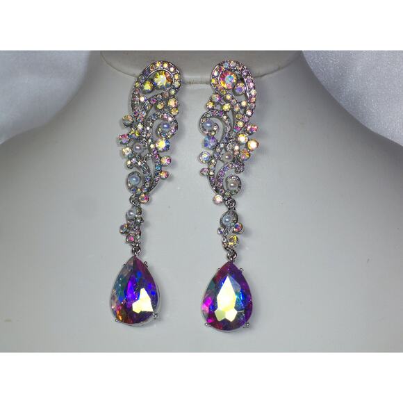 AB rhinestone long dangle drop chandelier statement bridal party earrings - Picture 1 of 5